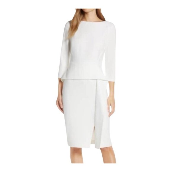Vince Camuto Size 10 Ivy White Peplum 3/4 Sleeve Split Leg Sheath Dress